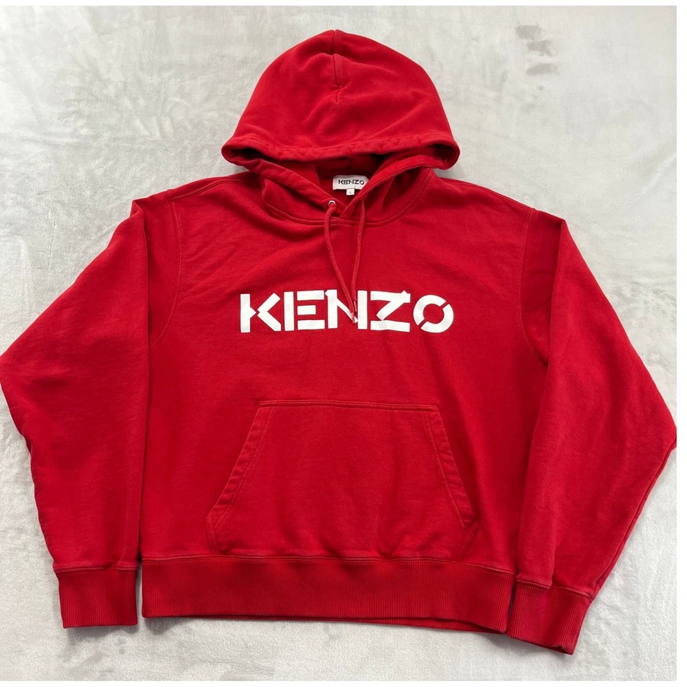 Kenzo Hoodie Men Large Red Fleece Logo Long Sleeve Sweatshirt Streetwear Skate